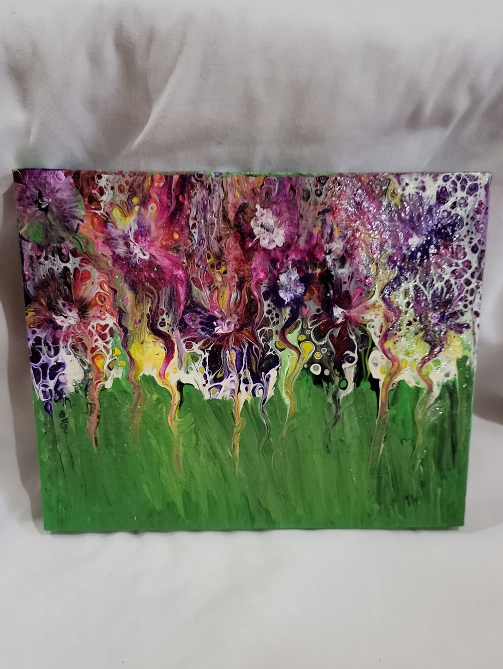 Vibrant Hand Painted Floral Abstract Canvas Art in Green and Purple Unsigned